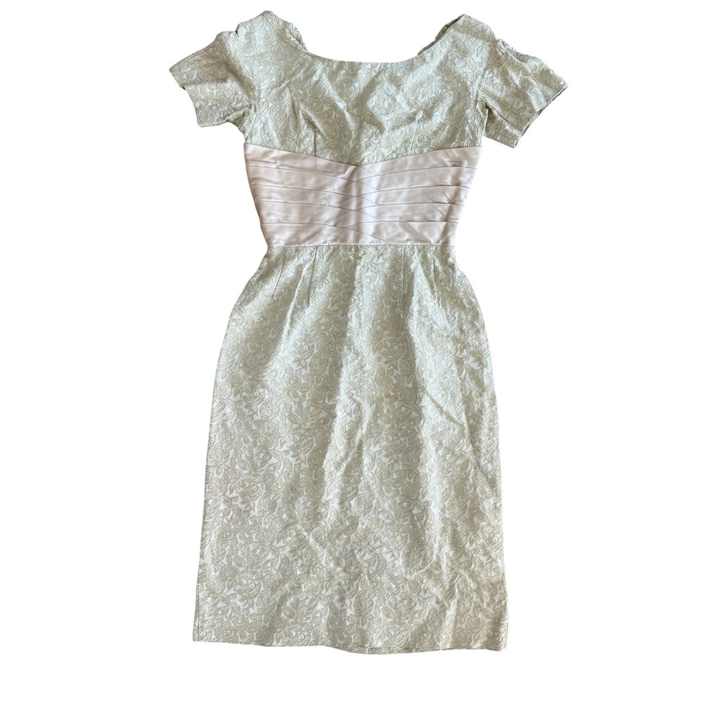 Maggi Stover Vintage 1950s Wiggle Dress Brocade Satin Cummerbund XS Champagne